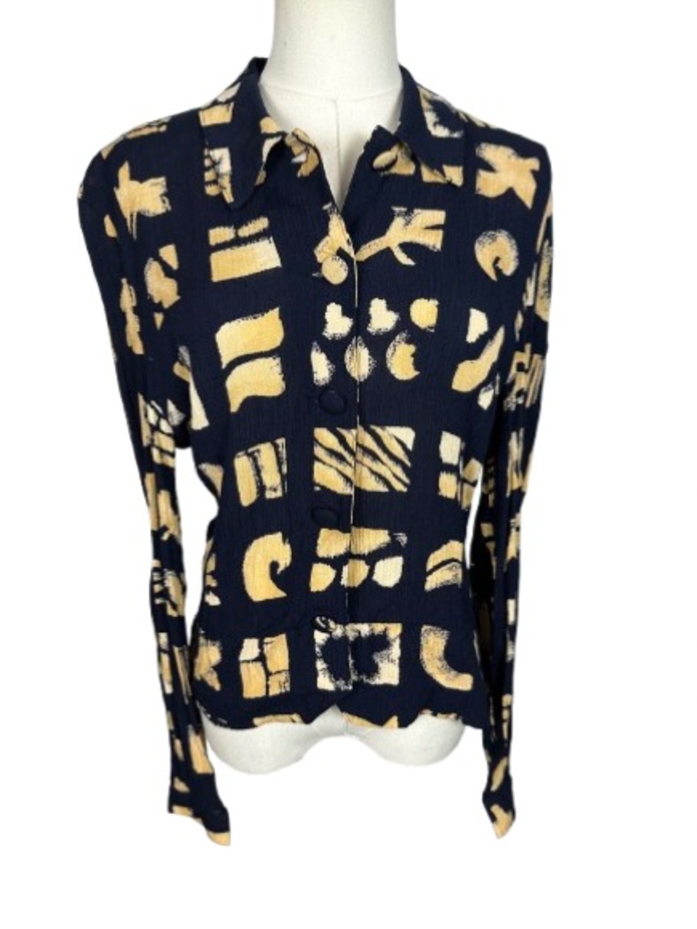 Abstract Print Navy and Cream Button-Front Shirt